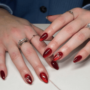 Ruby Red Bow Accent Nails