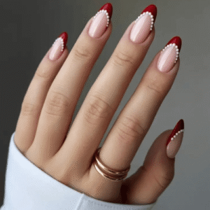 Red French Tip Pearl Accent Nails